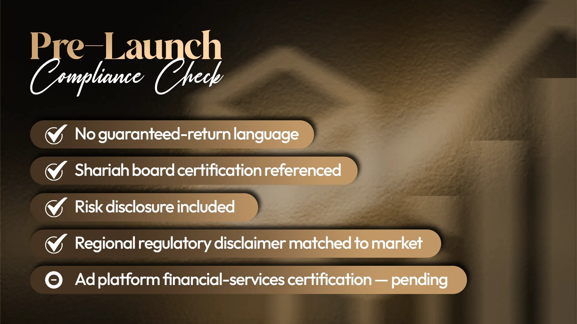 Pre-launch compliance checklist with four completed checks and one pending item